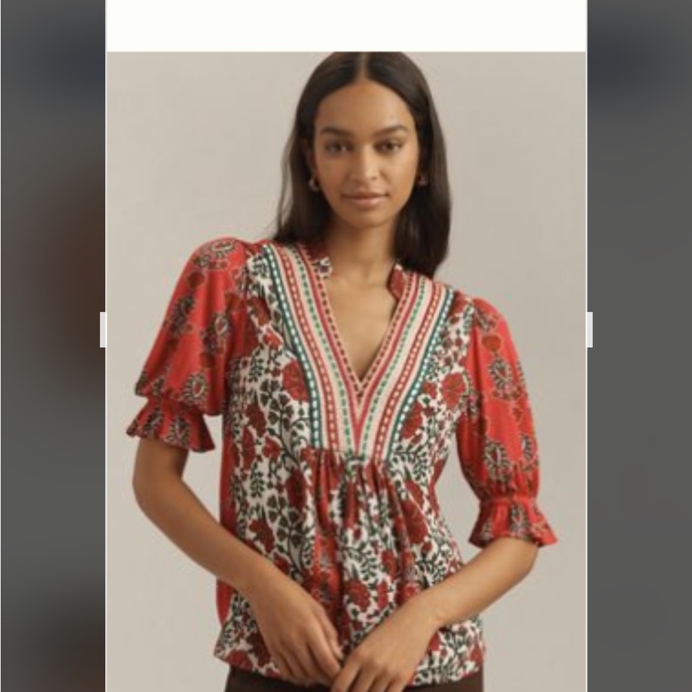 Anthropologie Red BL-NK Stephanie Floral Blouse